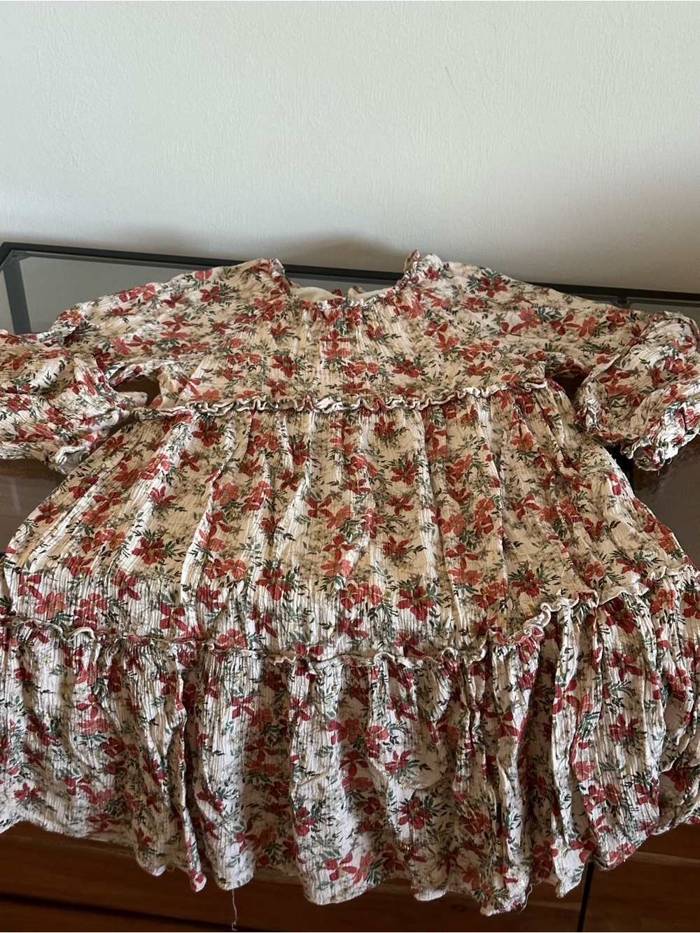 Zara Girls 11-12 Cream Fall Floral Metallic Gold Tiered Ruffle Puff Sleeve Dress